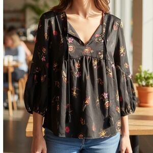 Old Navy Womens Sexy Boho Floral Babydoll Blouse Black Velvet Trim Tassel S NEW